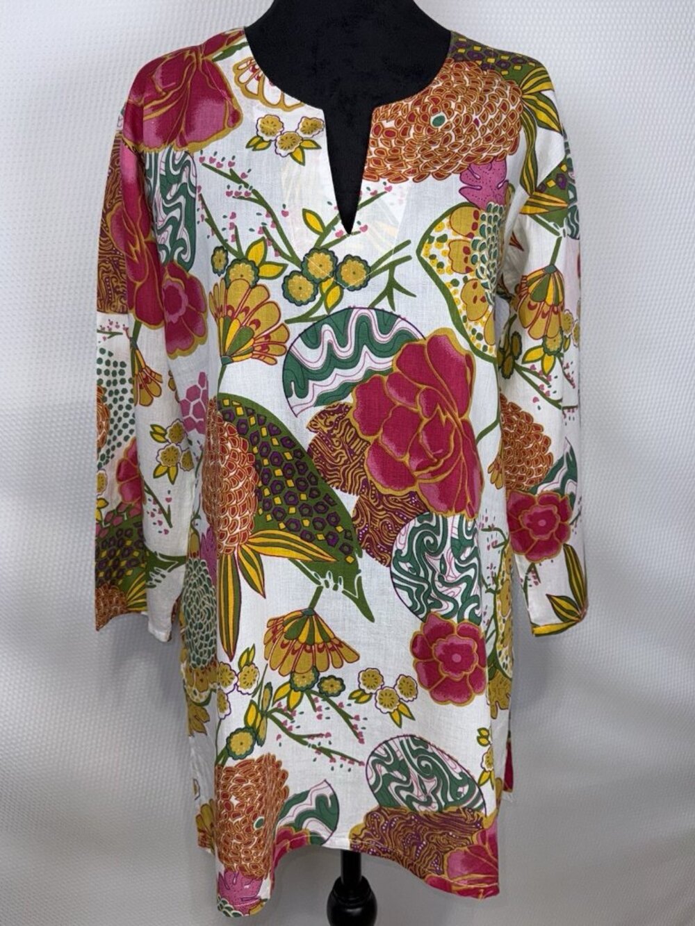 Dolma White Floral Cotton Tunic Split Neck 3/4 Sleeves Size Small India